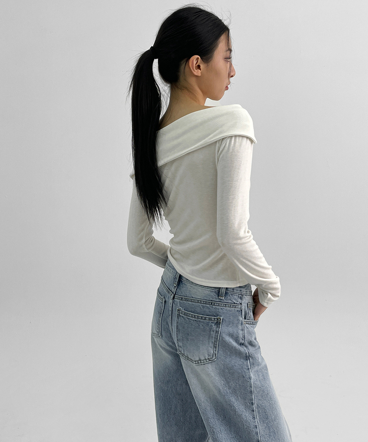 スリットオフショルダー長袖Tシャツ WHITE
