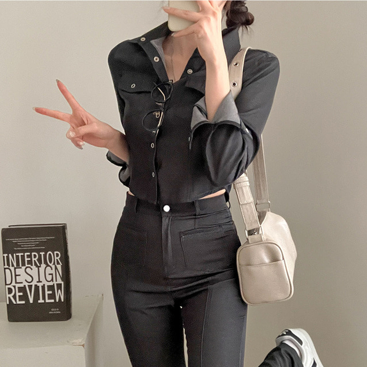 【SET】ジーンズシャツ ブーツカットパンツ BLACK DENIM