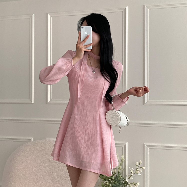 【タイ付き】リボンスクエアミニワンピース PINK