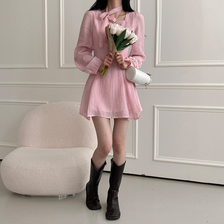【タイ付き】リボンスクエアミニワンピース PINK