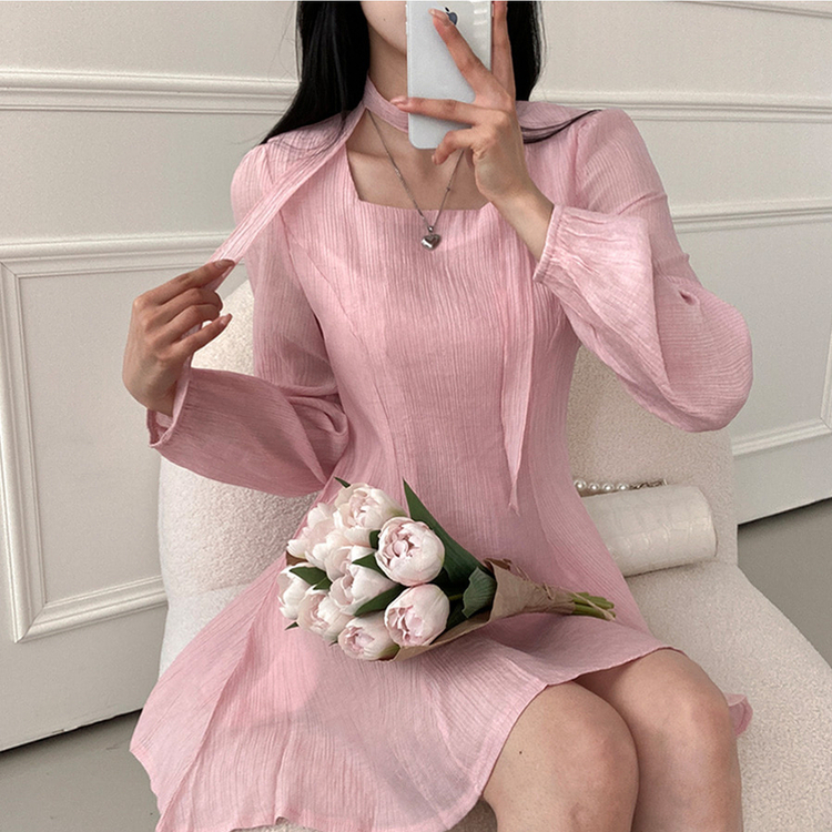 【タイ付き】リボンスクエアミニワンピース PINK