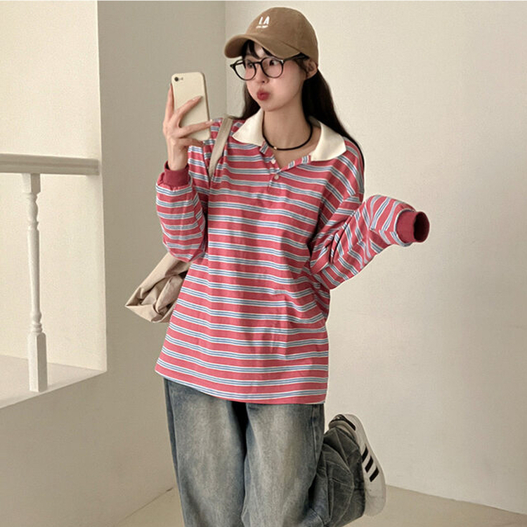 ストライプラグビー長袖Tシャツ(5color) PINK