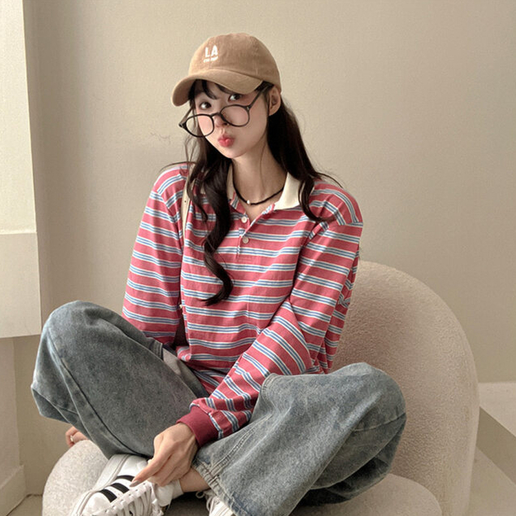 ストライプラグビー長袖Tシャツ(5color) PINK