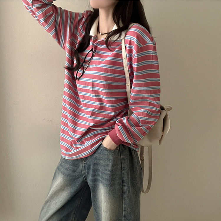 ストライプラグビー長袖Tシャツ(5color) PINK