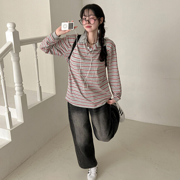 ストライプラグビー長袖Tシャツ(5color) GREY