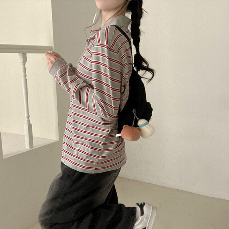ストライプラグビー長袖Tシャツ(5color) GREY