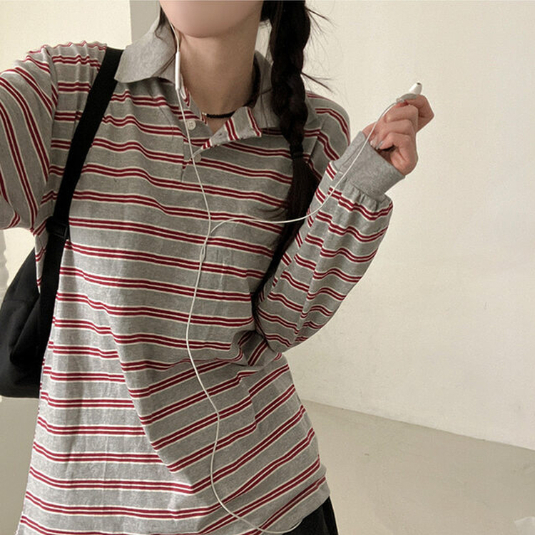 ストライプラグビー長袖Tシャツ(5color) GREY