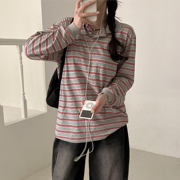 ストライプラグビー長袖Tシャツ(5color) GREY