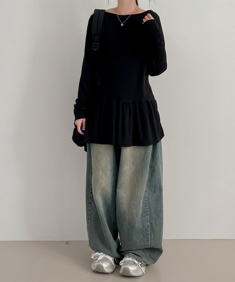 フリルレイヤード長袖Tシャツ(10color) BLACK