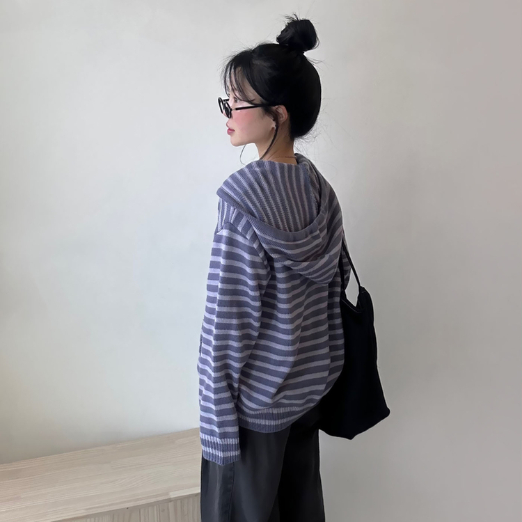 ストライプルーズフードニットジップアップ PURPLE