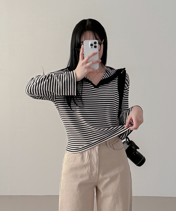 ストライプフードTシャツ IVORY