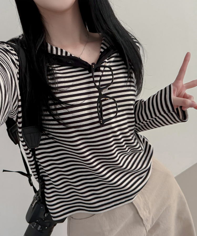 ストライプフードTシャツ IVORY