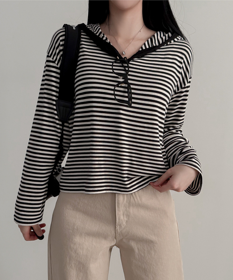 ストライプフードTシャツ IVORY