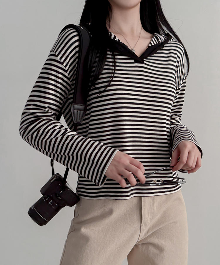 ストライプフードTシャツ IVORY