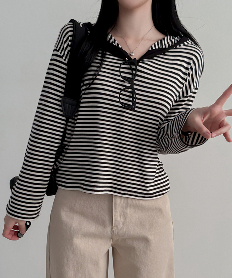 ストライプフードTシャツ IVORY