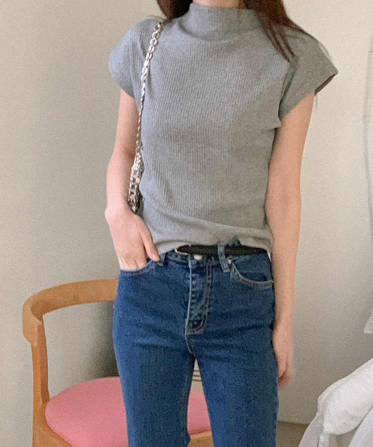 タートルネックコットン半袖Tシャツ GREY