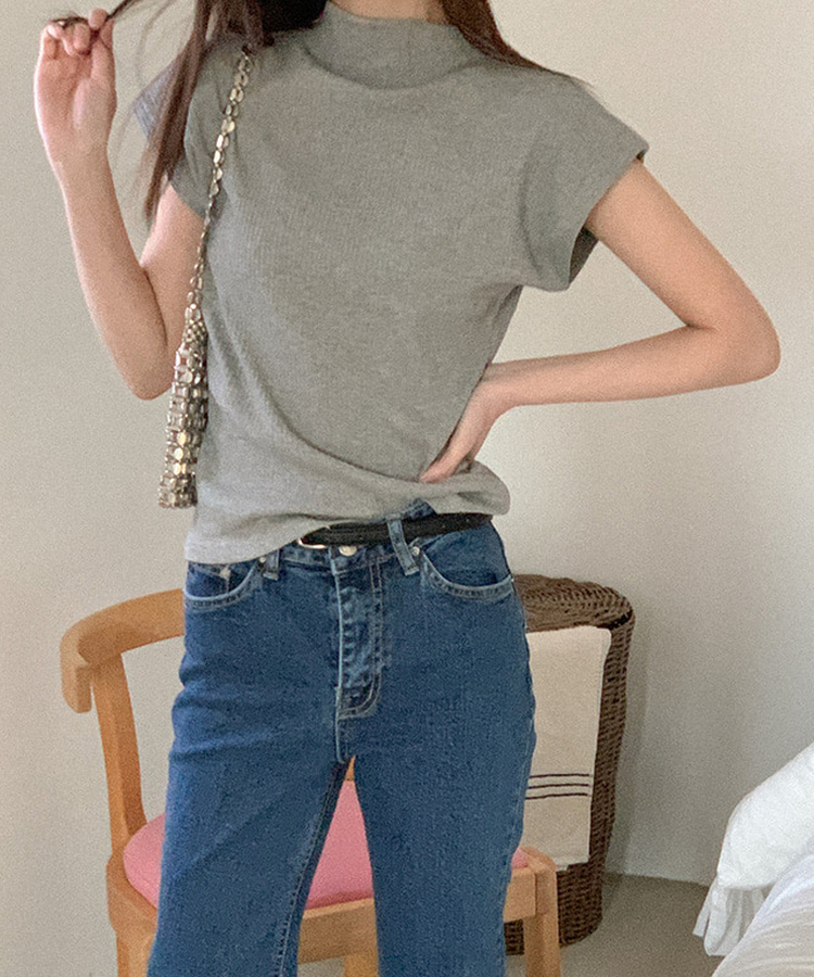 タートルネックコットン半袖Tシャツ GREY