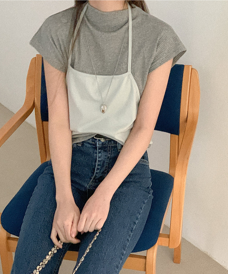 タートルネックコットン半袖Tシャツ GREY