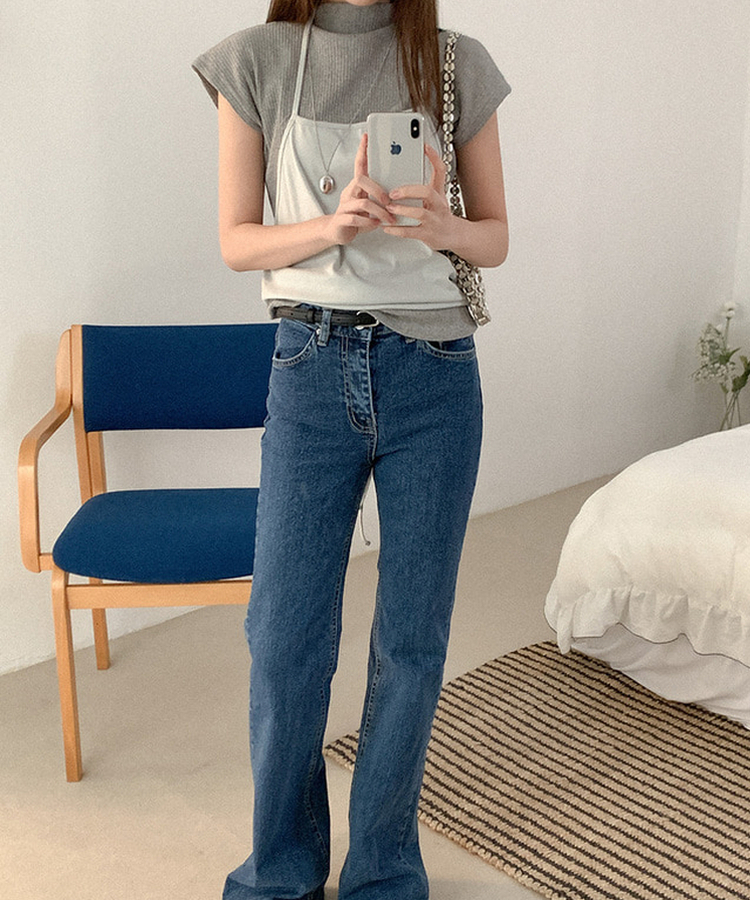 タートルネックコットン半袖Tシャツ GREY