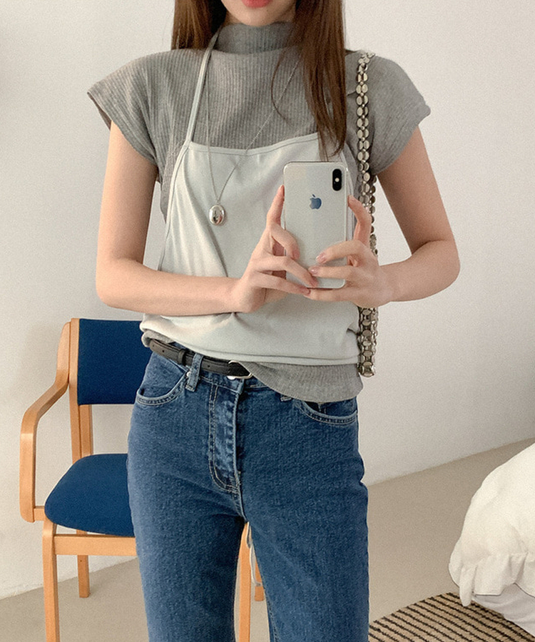 タートルネックコットン半袖Tシャツ GREY