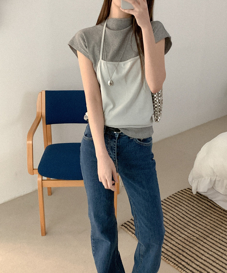 タートルネックコットン半袖Tシャツ GREY