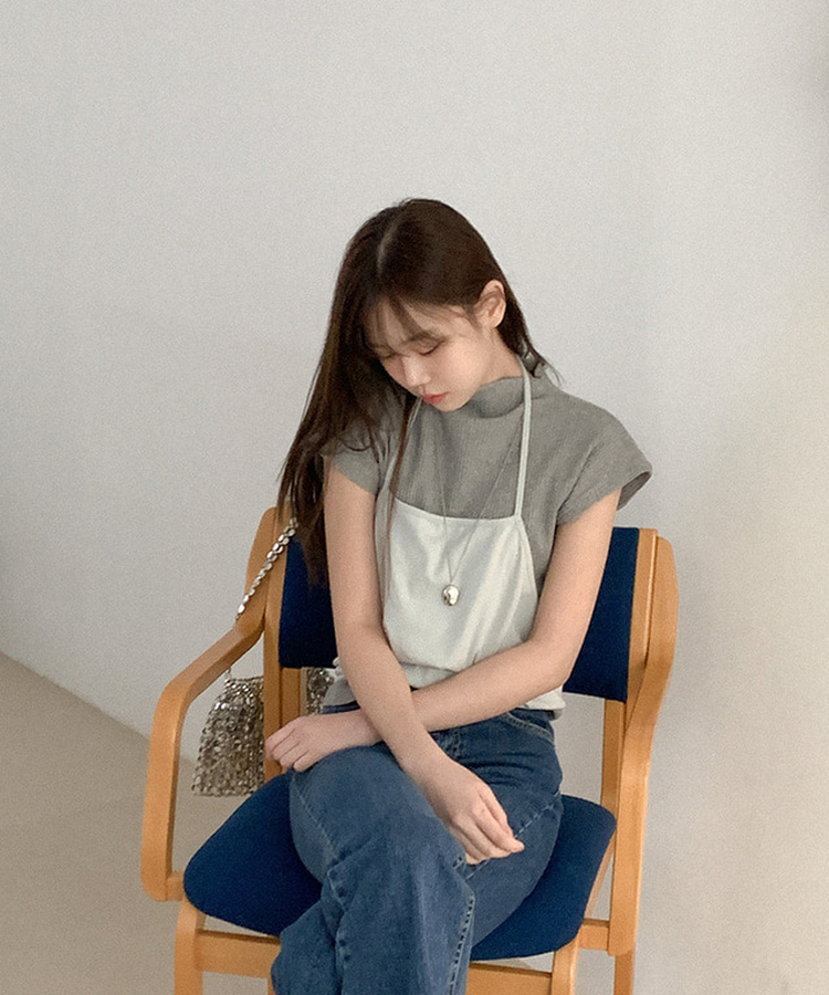 タートルネックコットン半袖Tシャツ GREY