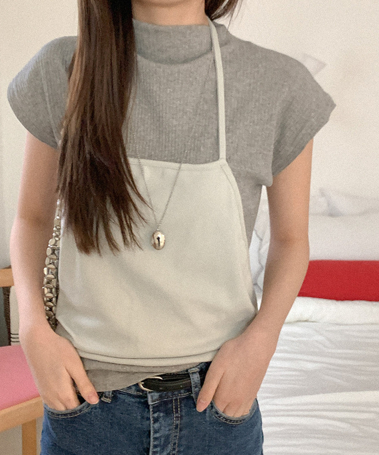 タートルネックコットン半袖Tシャツ GREY