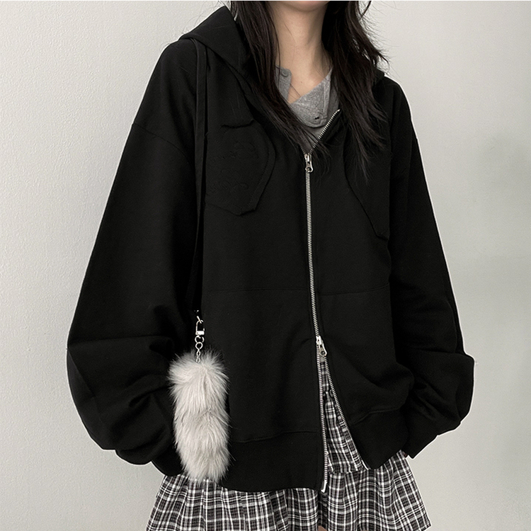 ハート刺繍フードジップアップ BLACK