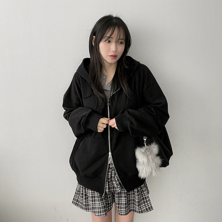 ハート刺繍フードジップアップ BLACK