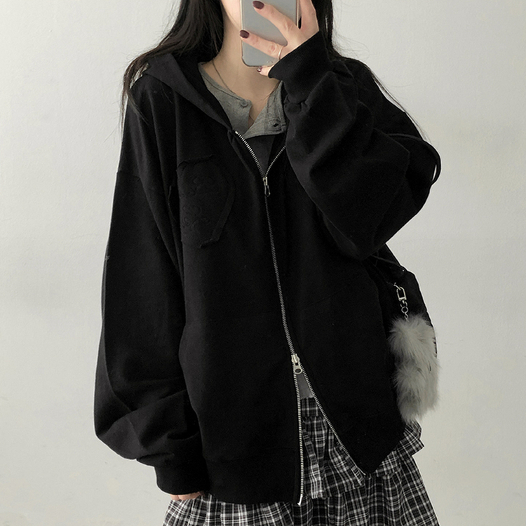 ハート刺繍フードジップアップ BLACK
