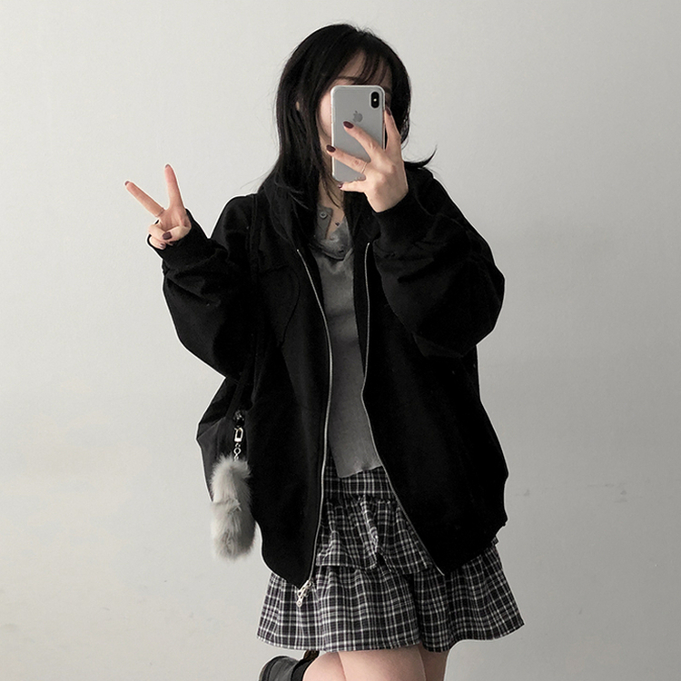 ハート刺繍フードジップアップ BLACK