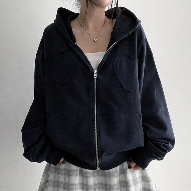 ハート刺繍フードジップアップ NAVY