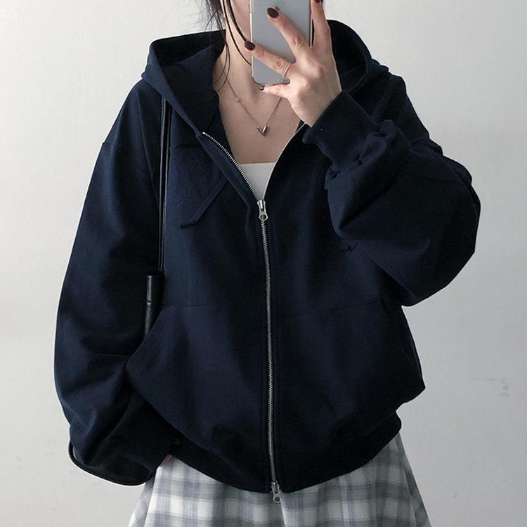 ハート刺繍フードジップアップ NAVY