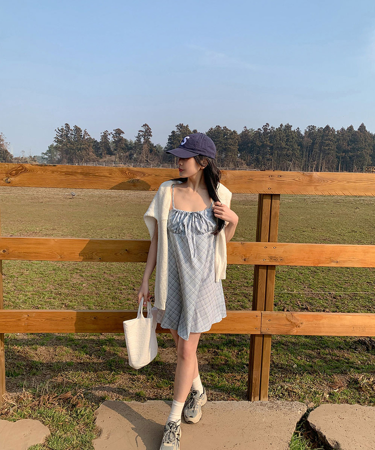 チェックストラップミニワンピース LIGHT BLUE