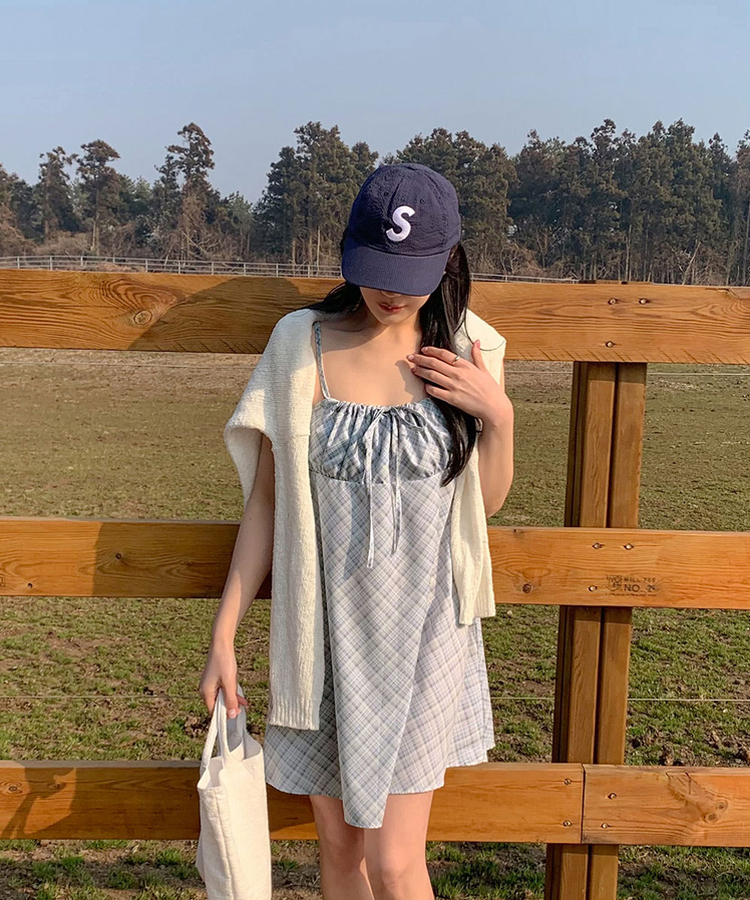 チェックストラップミニワンピース LIGHT BLUE