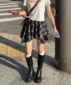フリルチェックアンバランススカート GRAY