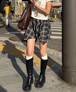 フリルチェックアンバランススカート GRAY