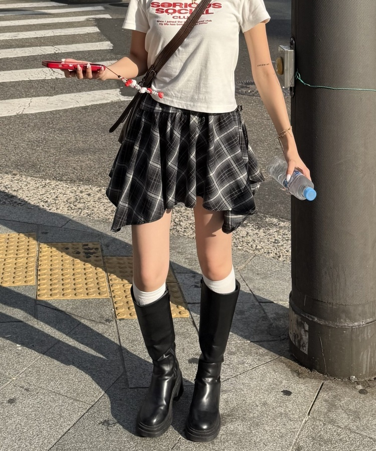 フリルチェックアンバランススカート GRAY