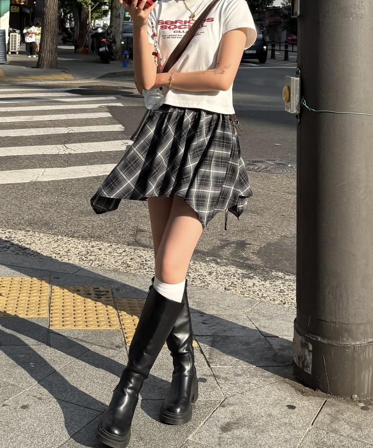 フリルチェックアンバランススカート GRAY