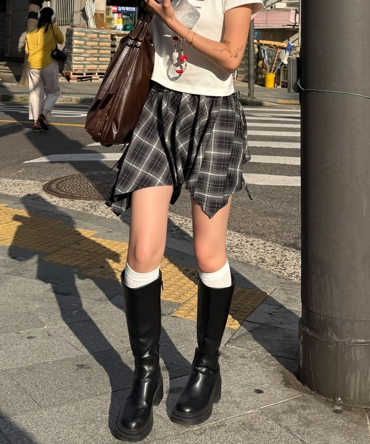 フリルチェックアンバランススカート GRAY