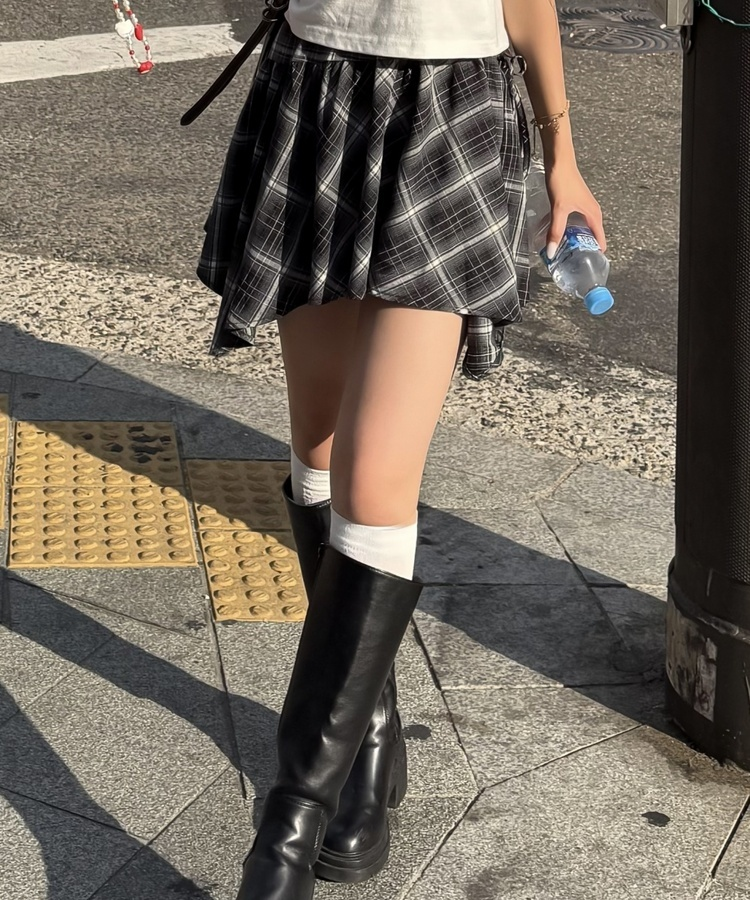 フリルチェックアンバランススカート GRAY