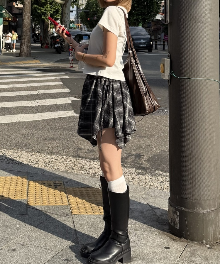 フリルチェックアンバランススカート GRAY