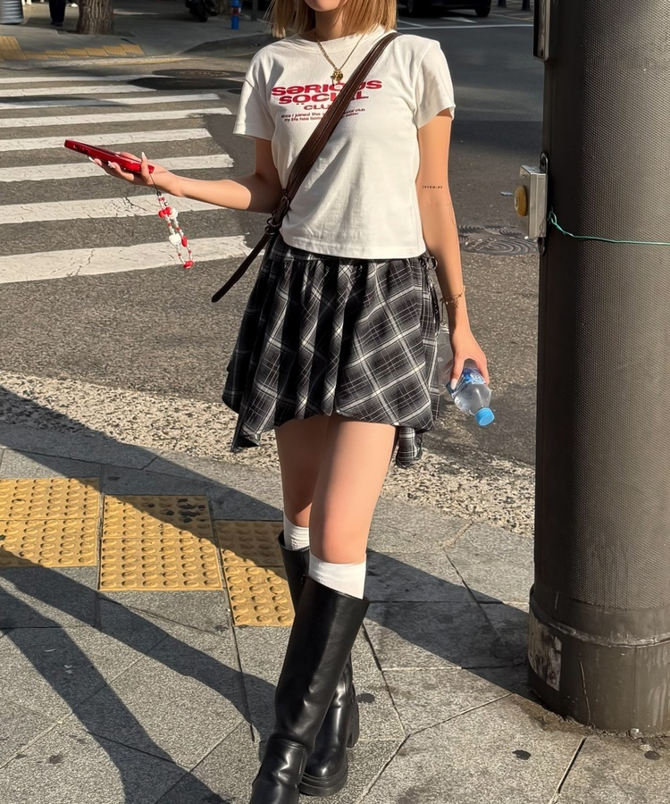 フリルチェックアンバランススカート GRAY