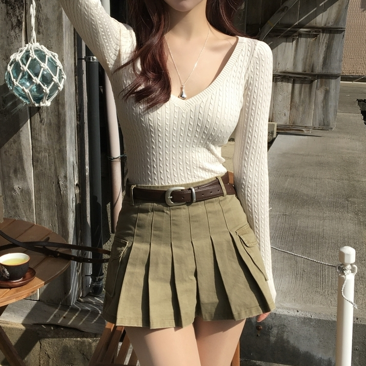 【ベルト付き】プリーツコットンカーゴスカート BEIGE