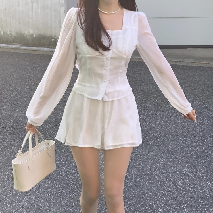 【SET】シフォンブラウスミニスカート WHITE
