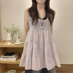 ミニワンピース チェックレースビスチェワンピース PINK