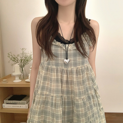 ミニワンピース チェックレースビスチェワンピース YELLOW
