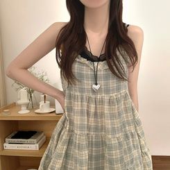 ミニワンピース チェックレースビスチェワンピース YELLOW