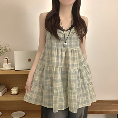 ミニワンピース チェックレースビスチェワンピース YELLOW