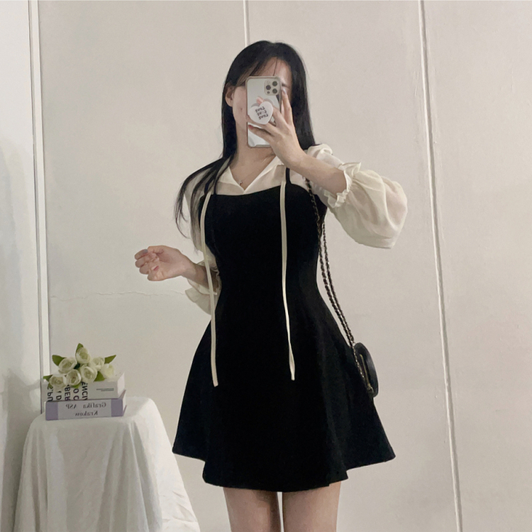 リボンシフォンブラウスワンピース BLACK